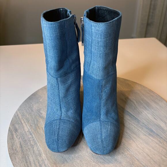 10 Crosby by Derek Lam Blue Denim Patchwork Ankle Bootie Block Heel Boots Sz 8 - Picture 4 of 12